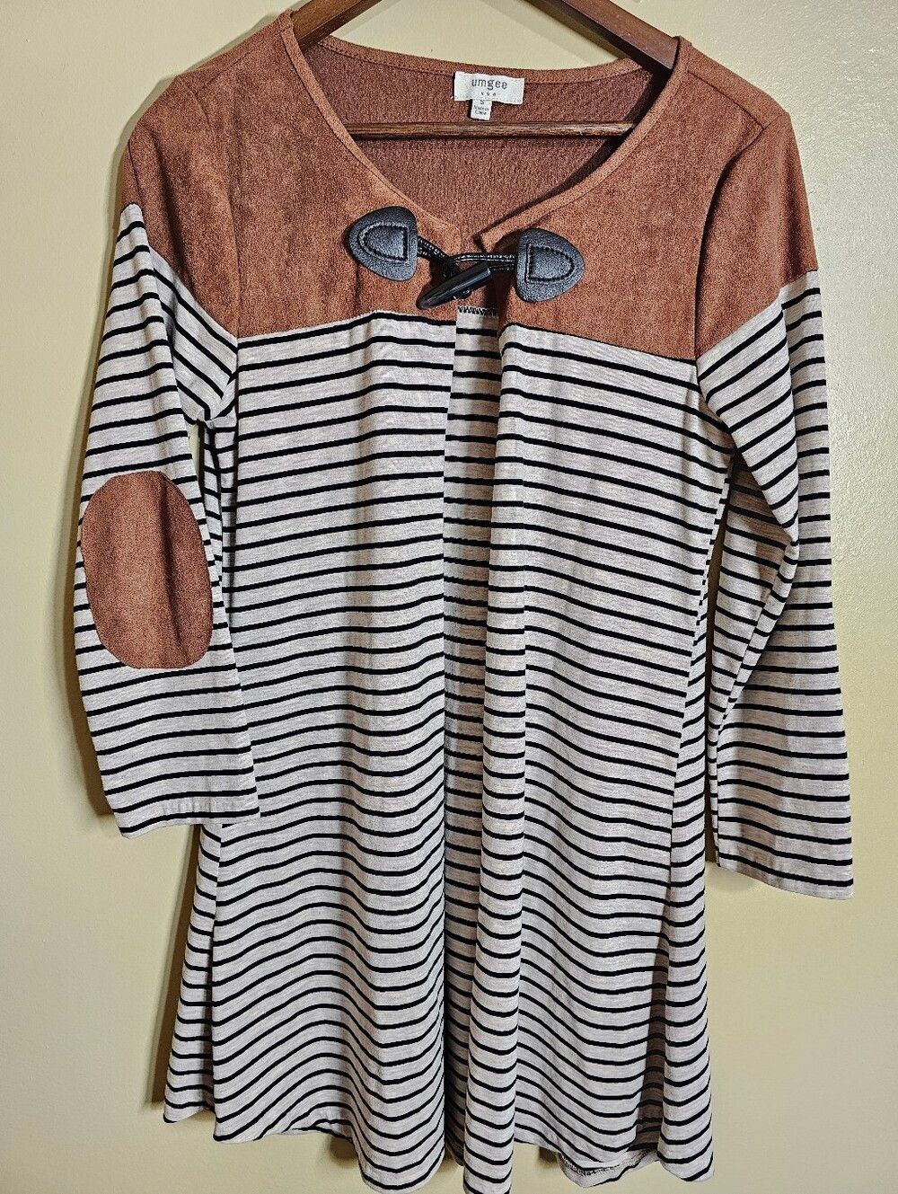Umgee USA Toggle Cardigan Tunic Small Striped Elbow Patch Boho Boutique